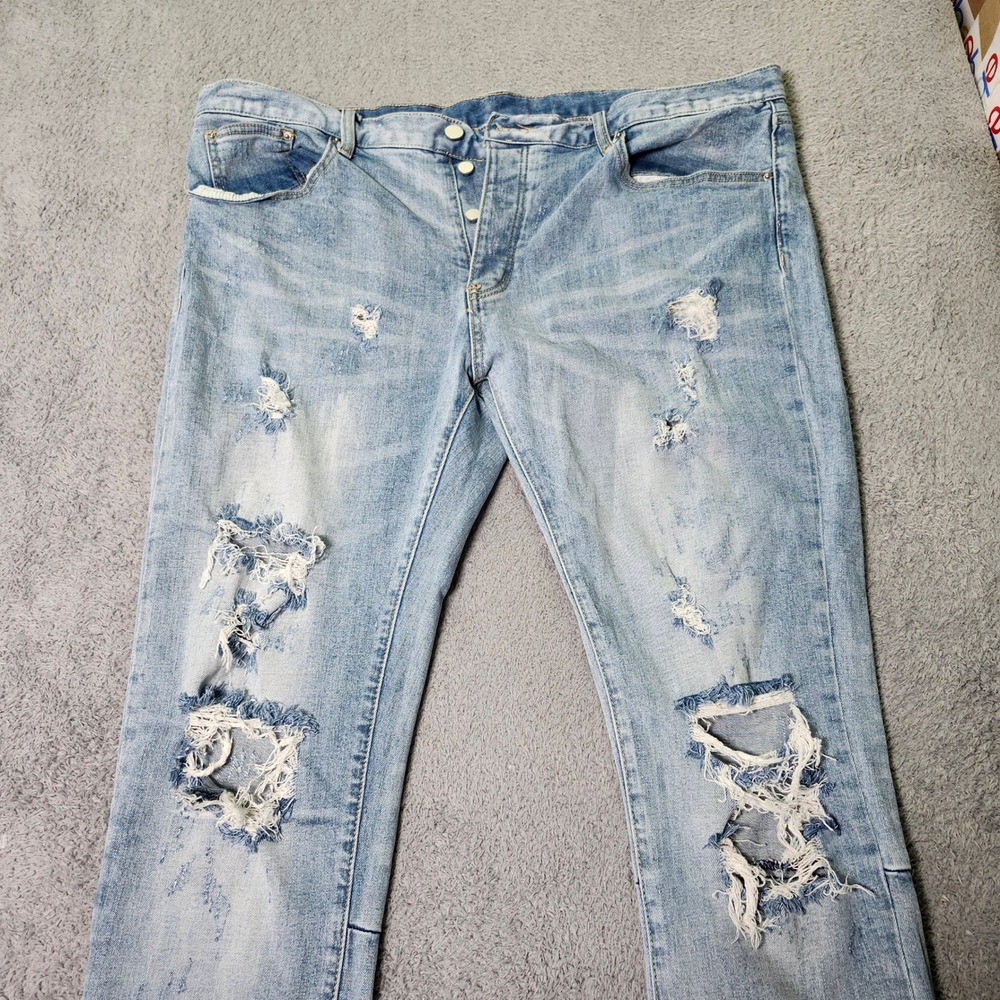 mnml Mens 40 Distressed Ankle Zip Jeans Light Wash Blue Ripped Slim Tapered